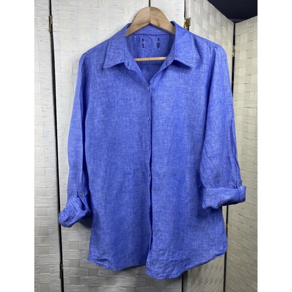 JNY Jones New York Womens Linen Button Down Shirt Sz Medium Blue Roll-Tab - Picture 11 of 11